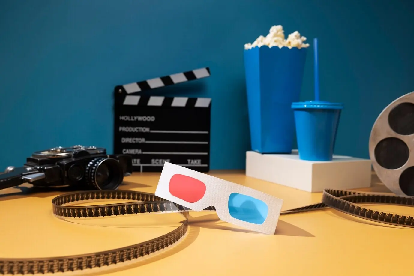 Arreglo de gafas 3D y claqueta para películas